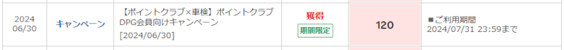 楽天Car車検で付与されたポイント（かゴールド会員特典120ポイント）