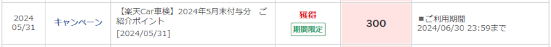 楽天Car車検で付与されたポイント（紹介コード入力）